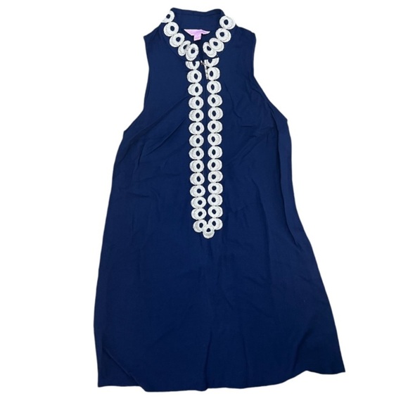 Lilly Pulitzer Jane Navy Blue Gold Appliqué Trim Sleeveless Shift Dress Size 0 - Picture 3 of 12